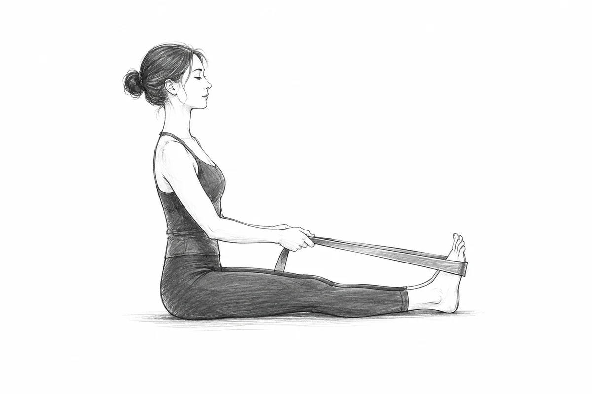 스트랩으로 다리를 스트레칭하는 인물 드로잉